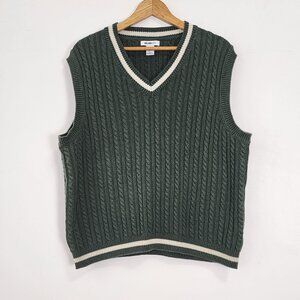 Forest Green Cable Knit Cotton Sweater Vest V-Neck Tennis Preppy Academic VTG